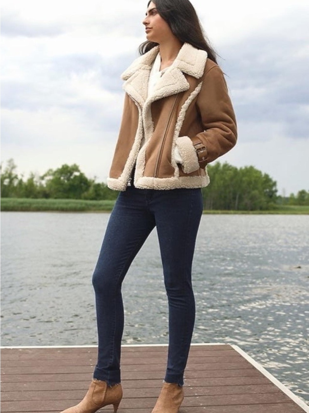 Express Faux Shearling Trim Brown Moto Jacket - Buckle Detail